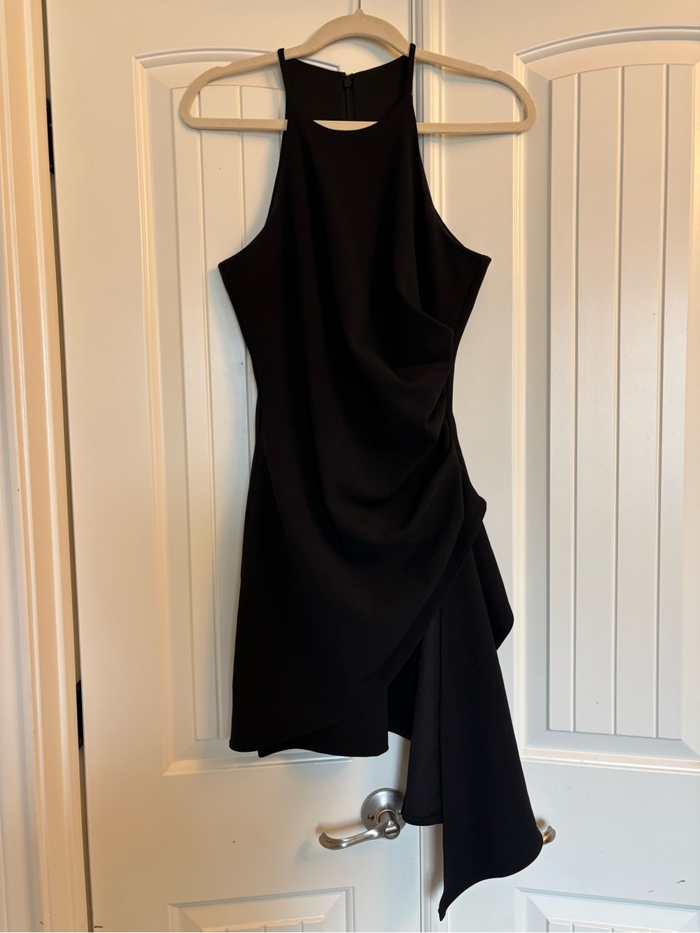 Badgley Mischka Black Halter Mini Dress with Draped Asymmetric Skirt